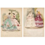 Decoupage. Two French Fashion prints overlaid with Material, circa 1850