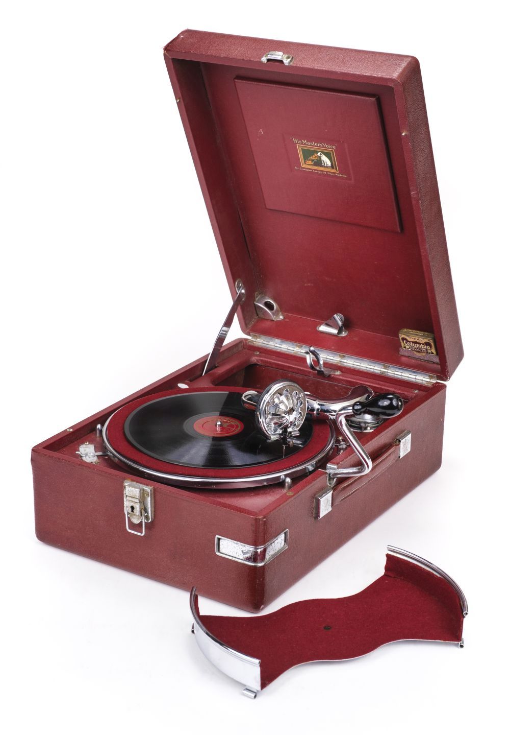 Gramophone. Vintage HMV 102 gramophone in red Rexine, circa 1935, in good working order