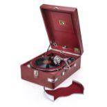 Gramophone. Vintage HMV 102 gramophone in red Rexine, circa 1935, in good working order