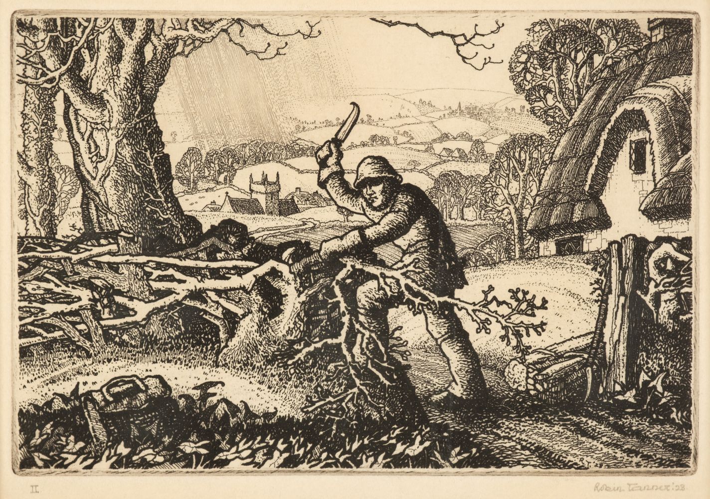 Tanner (Robin, 1904-1988). Wiltshire Hedger, 1928, etching, the rare first state