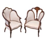 Chairs. A matched pair of Edwardian inlaid mahogany salon chairs