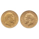 Edward VII. Gold Half Sovereign, 1909 and George V, half sovereign, 1912