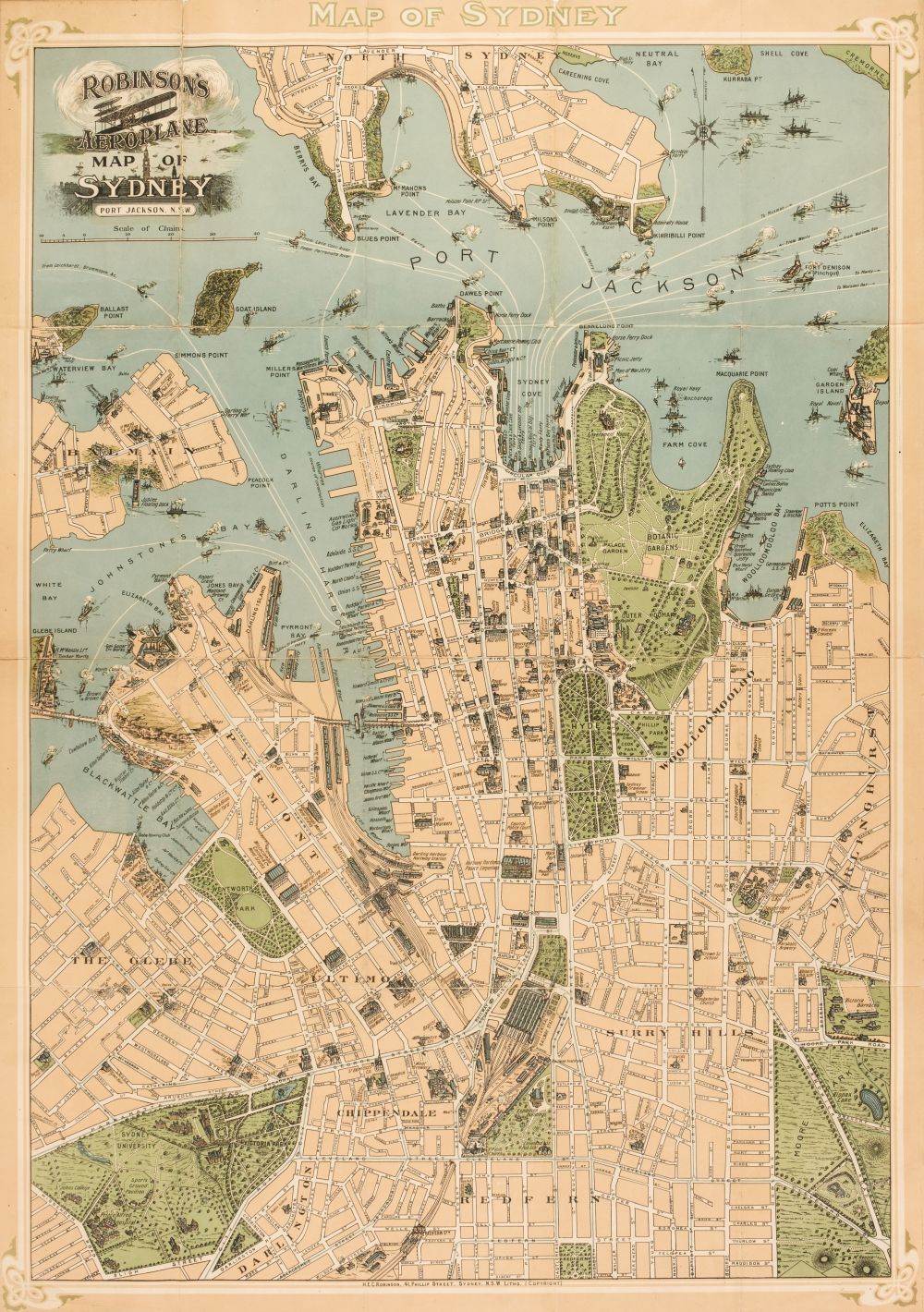 Sydney. Robinson (H. E. C.), Robinson's Aeroplane Map of Sydney, published Sydney, circa 1910