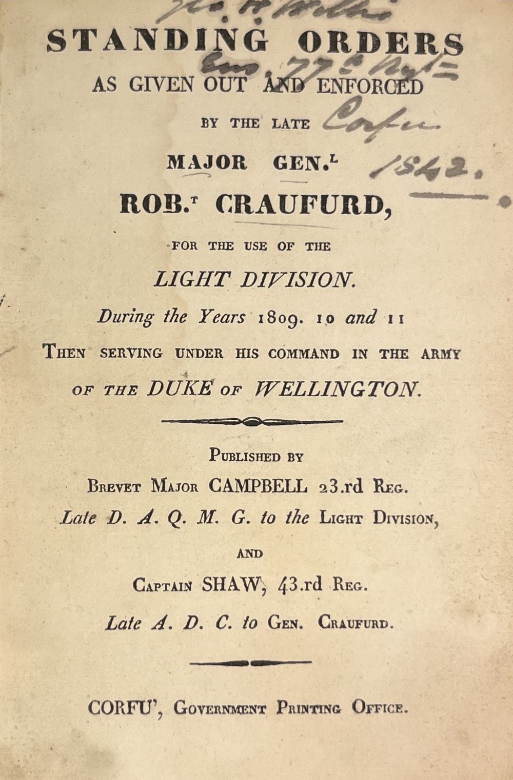 Crauford (Robert). Standing Orders for the Light Division during the Years 1809-11, Corfu, 1814