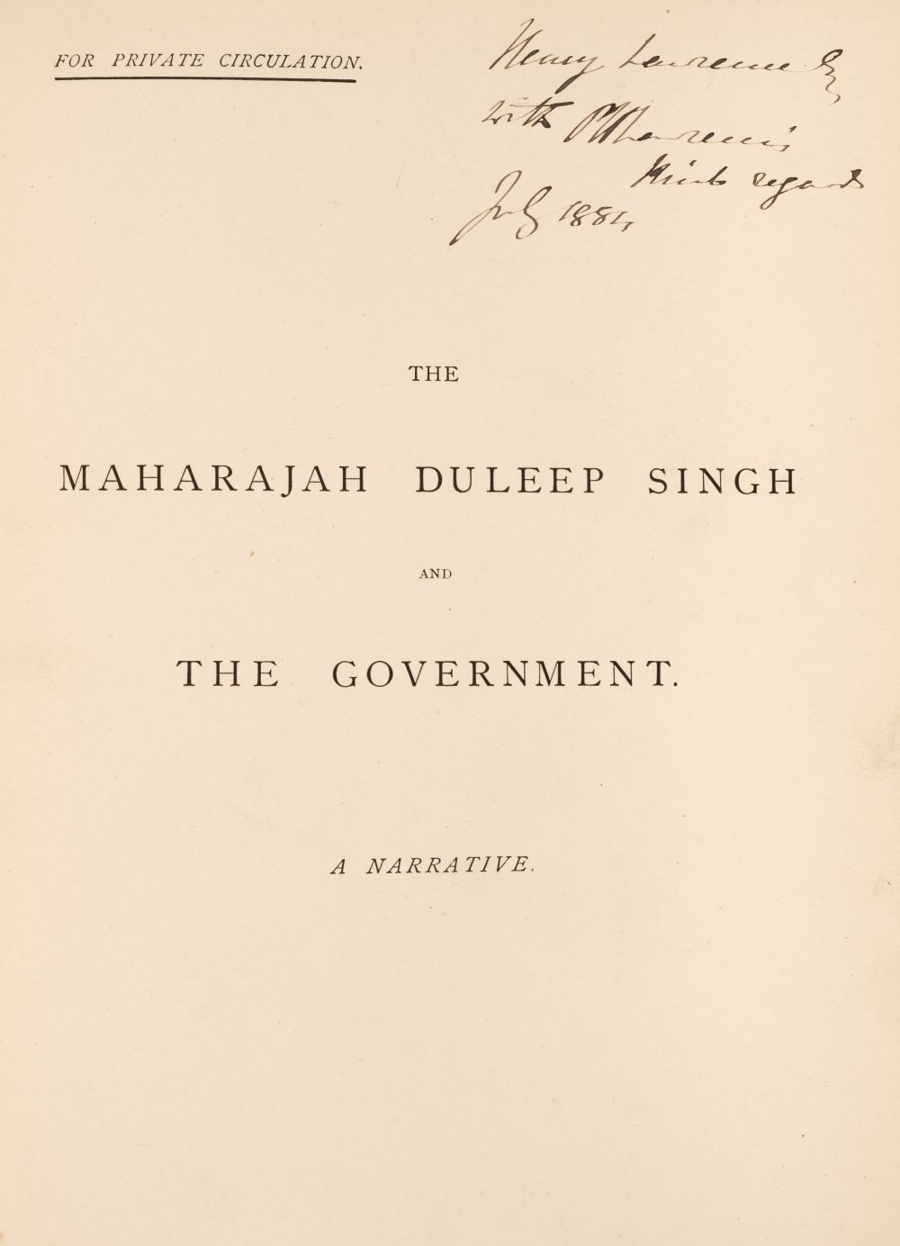 Duleep Singh. The Maharajah Duleep Singh and the Government, 1884