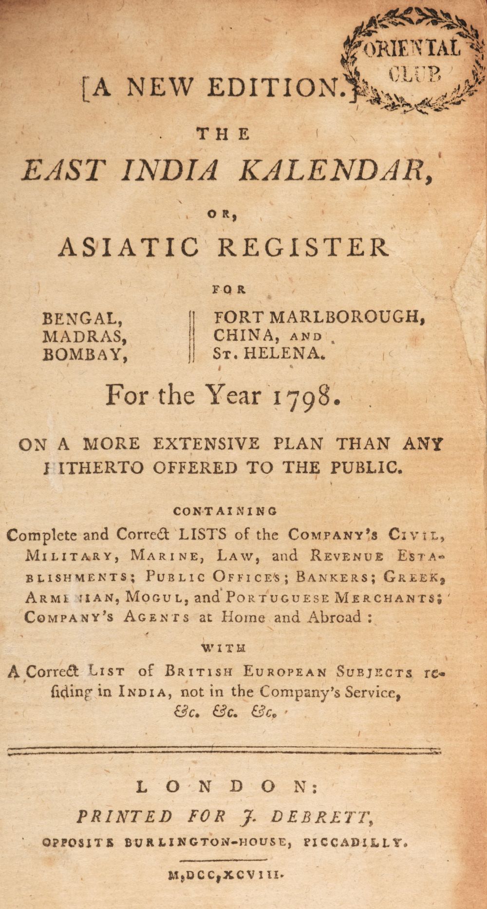 East India Company. The East India Kalendar, or, Asiatic Register ..., 1798