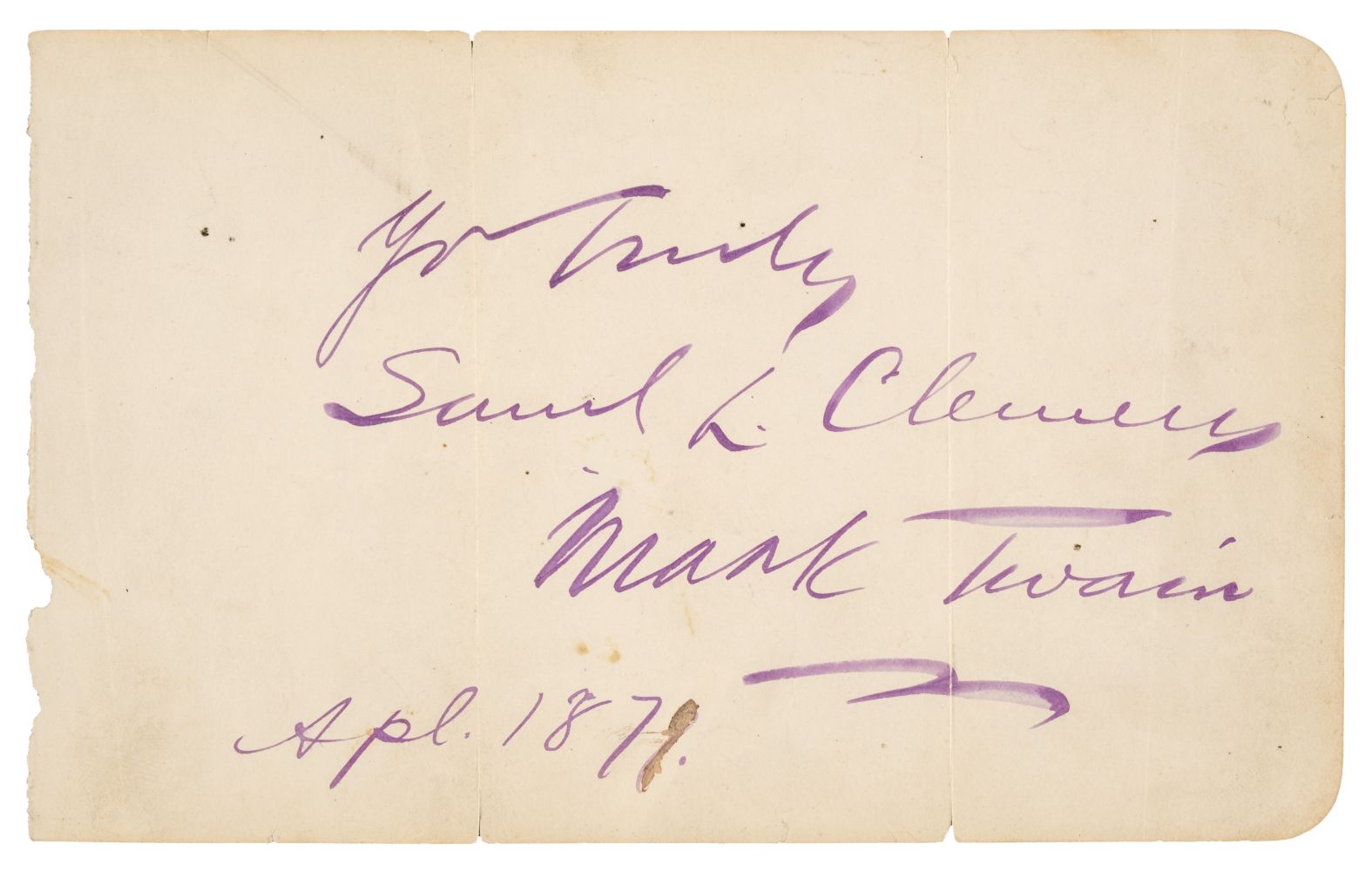 Clemens (Samuel Langhorne, 'Mark Twain', 1835-1910). Large ink double signature