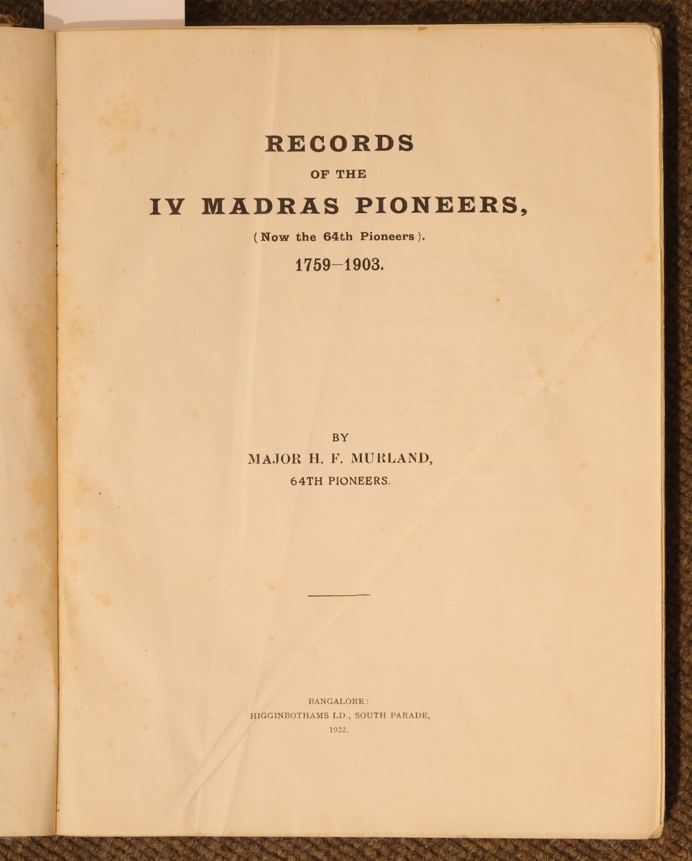 Murland (Major H.F.) Records of the IV Madras Pioneers, 1922.., and others - Image 2 of 2