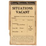 Great Western Railway. A group of 15 Situations Vacant broadsides, 1929-33