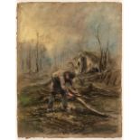 Follower of J. F. Millet (1814-1875). A Woodcutter preparing faggots, circa 1875, pastel on laid