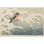 Seaby (Allen William, 1867-1953). Bullfinch, colour woodcut, plus two other woodcuts