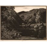 Taylor (C. W. 1878-1960). A mountainous river view in Wales, circa 1927, wood engraving, signed