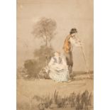 Pocock (Nicholas, 1740-1821). Rustic couple and baby resting on a heath, watercolour