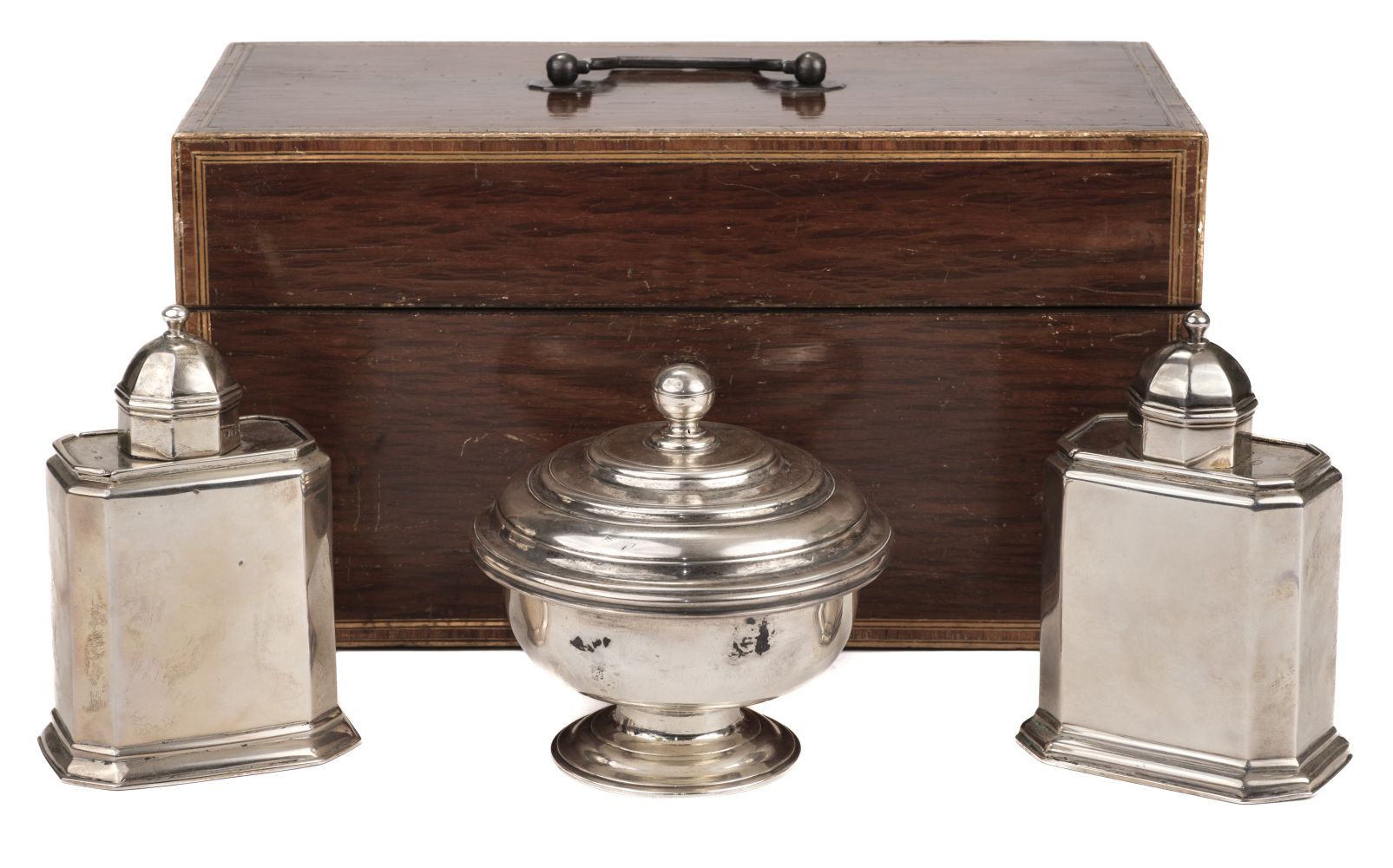 Silver Tea Caddy Set. A composed 18th century silver tea caddy set
