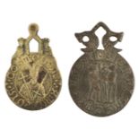 Shadwell Forgeries. Two Victorian patinated brass pendants in the medieval style