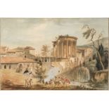 French School. Landscape with figures admiring the temple at Tivoli, late 18th century, watercolour