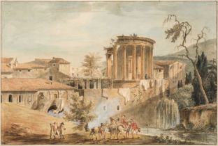 French School. Landscape with figures admiring the temple at Tivoli, late 18th century, watercolour