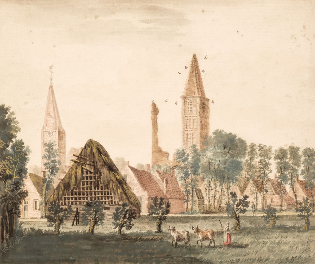 Dutch School. A View of a Town with a Barn, 18th century, watercolour on laid paper