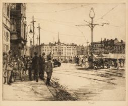 early C20th Huggill (Henry Percy, 1886-1957). Market Place, Nottingham and another, etchings