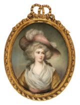 English School. Oval half-length portrait of a young woman in Regency dress, later 19th century