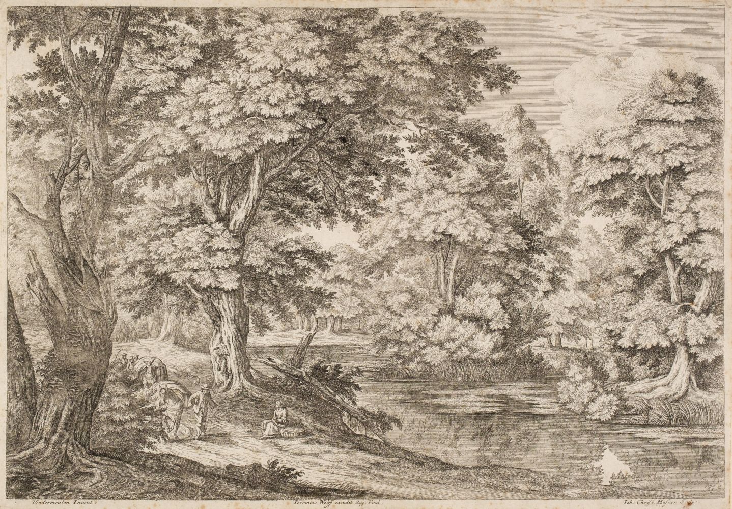 Hafner (Johann Christoph, 1688-1724). Forest Interior with Swamp, after Van der Meulen, etching