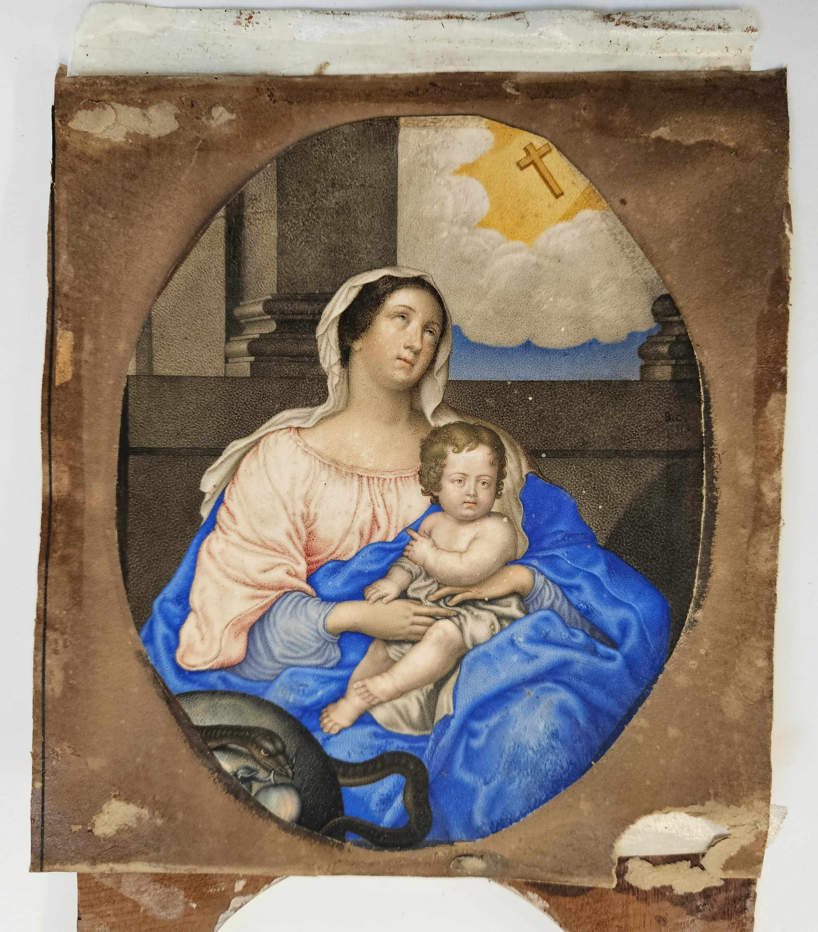 French School. Virgin and Child before a Parapet, late 17th Century, gouache in the stippled manner - Image 8 of 9