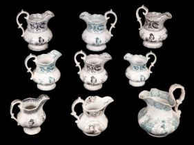 Queen Victoria. A collection of Queen Victorian commemorative pottery jugs circa 1837