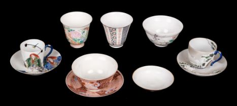 Teawares. A group of teacups and saucers, mostly Meiji Period