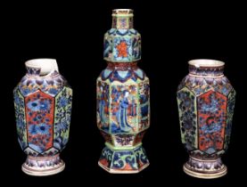 Vases. Three Japanese hexagonal polychrome vases, Meiji period