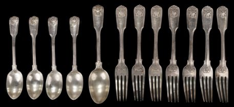 Silver. Victorian silver fiddle and shell pattern flatware by George Adams, London 1875