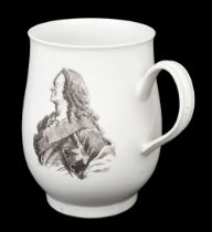 Worcester. George II commemorative porcelain mug by Robert Hancock circa 1760