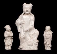 Chinese Figures. 18th century Chinese white glazed porcelain figure of Liu Haichan, and two others