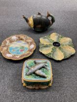 Majolica. Victorian majolica pottery sardine dish and other items