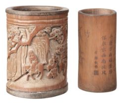 Japanese carved bamboo brush pot, late 19th or early 20th century