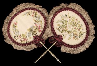 Fans. A pair of embroidered face screen fans, early 19th century