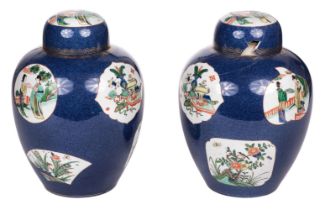 Ginger Jars. A pair of 19th/20th century Chinese Kangxi Wucai style ginger jars and covers