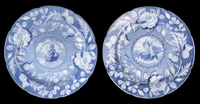 George III and Queen Charlotte. A pair of blue and white transfer printed plates, 1820