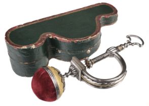 A George III steel pincushion clamp in original box, later 18th century,