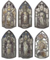 Stained Glass. A set of 6 arch shaped stained glass panels, 19th century