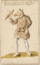 Nuremberger Schonbart. Watercolour of a carnivalesque male figure with a pig's head and wolf's