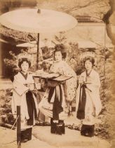 Japan. A group of 62 mainly hand-coloured albumen prints of Japanese views and people, c. 1880s