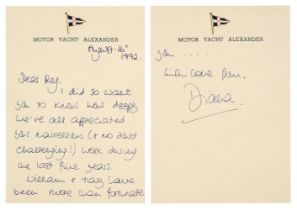 Diana (1961-1997). Autograph Letter Signed, 'Diana', Motor Yacht Alexander, 16 August 1992