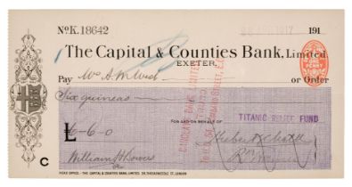 Titanic Relief Fund. A cheque for six guineas payable to Mrs Ada Mary West, 1917