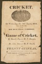 Cricket Broadside. Cricket. On Wednesday, the 30th August, 1809, will be played