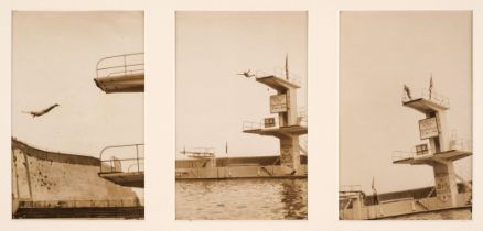 High Board Diving. A group of 5 enlarged photographs of high board diving in England, 1940s
