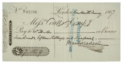 Dickens (Charles, 1812-1870). Cheque signed 'Charles Dickens', London, 14 January 1867