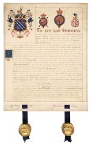 Grant of Arms. Manuscript Grant of Arms for Abraham Rhodes Calvert of Harefield... , Yorkshire