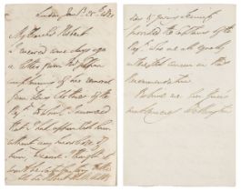 Wellesley (Arthur, 1769-1852). Autograph Letter Signed, ‘Wellington’, London, 25 January 1821
