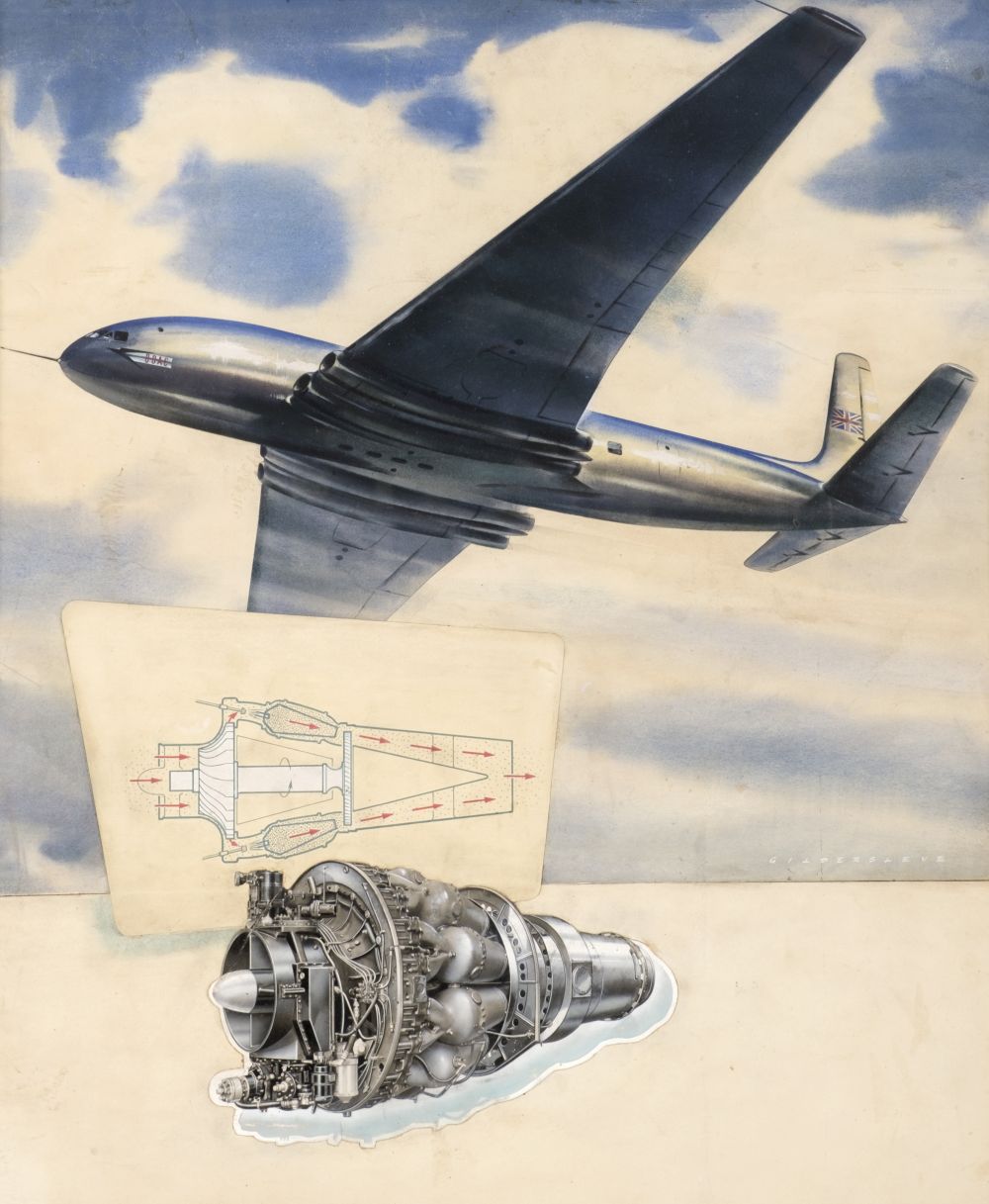 Gildersleve. BOAC with engine designs, 1951, watercolour and collage