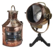 Ship's Lamps. A copper and brass ship's 'starboard' lantern, early 20th century